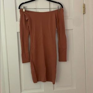 Tan body on off the shoulder dress